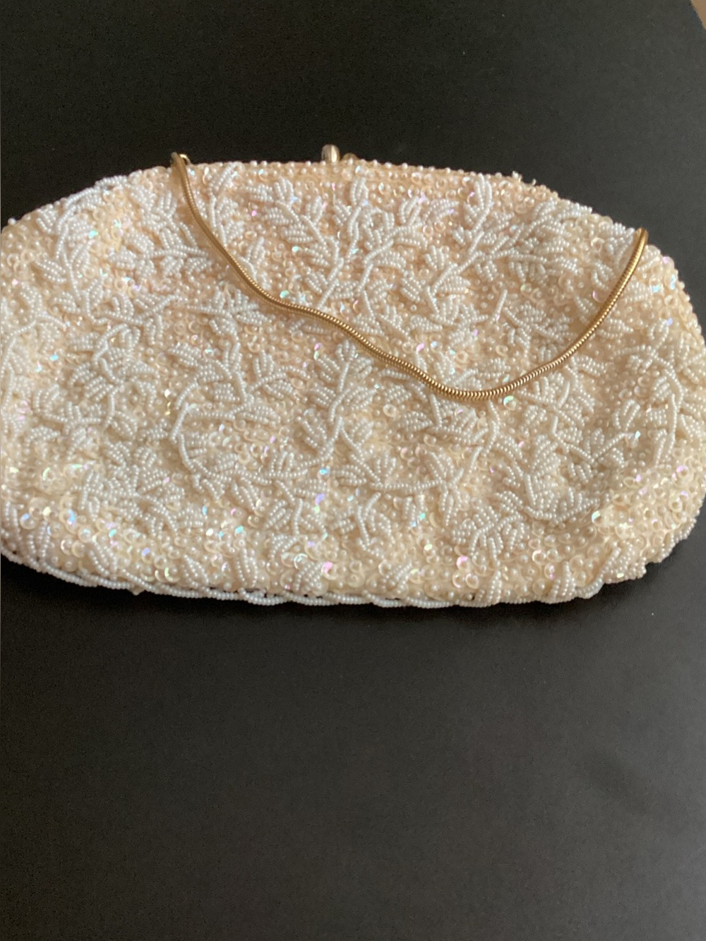 Beaded Ivory Evening Clutch with Gold Chain